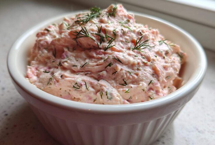 A close-up view of creamy, pink smoked salmon dip topped with fresh dill, served in a white, ribbed ramekin.
