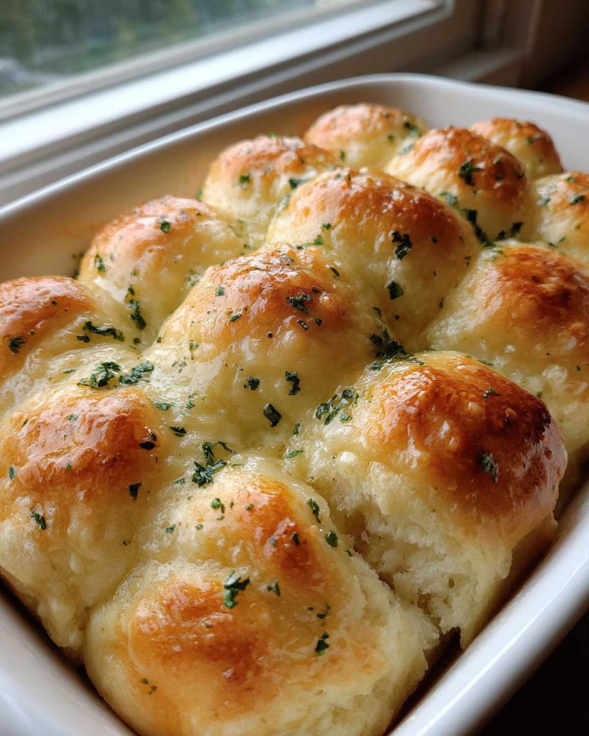 A close-up view of golden brown, buttery garlic rolls baked together in a white dish, topped with melted butter and parsley.