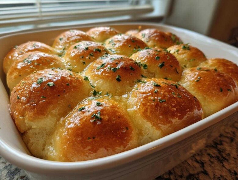 A close-up of twelve golden brown, soft buttery garlic rolls soaking in melted butter and topped with parsley.