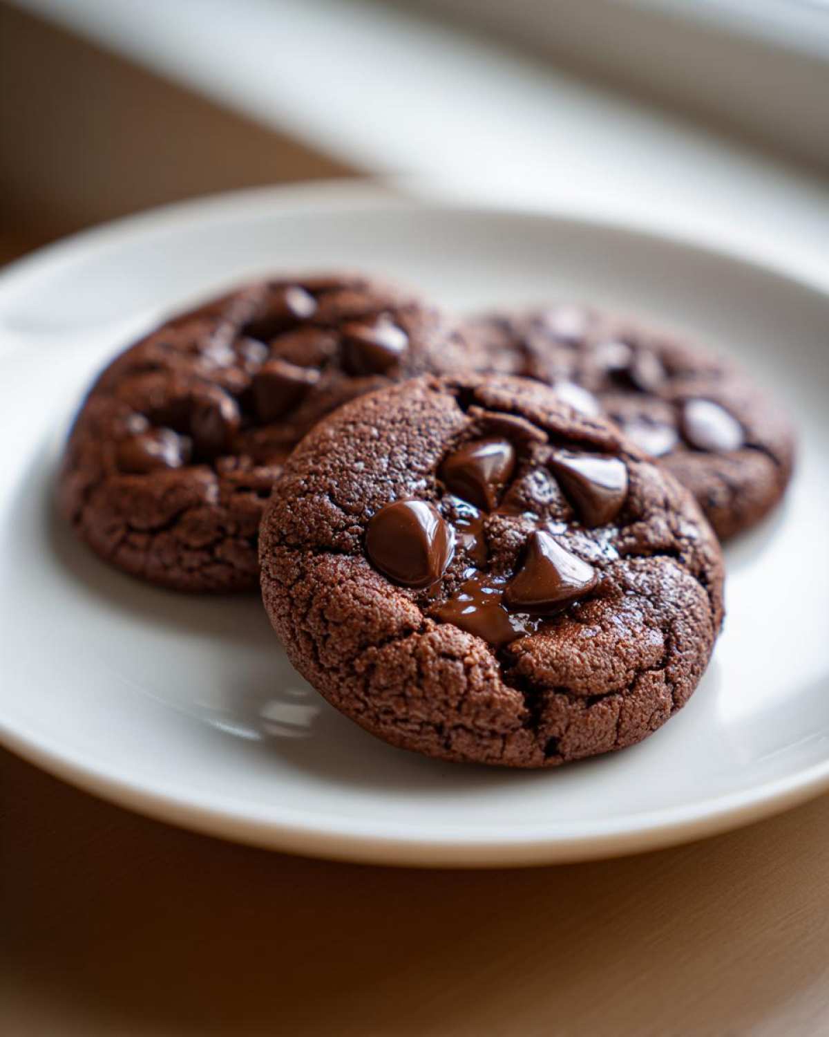 Three rich, dark chocolate pudding cookies with melted chocolate chips sitting on a white plate.