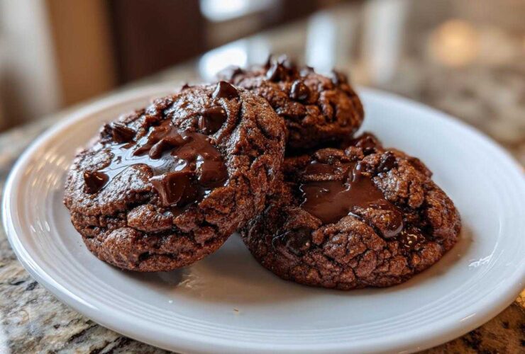 Three rich, dark chocolate pudding cookies with pools of melted chocolate chips on a white plate.