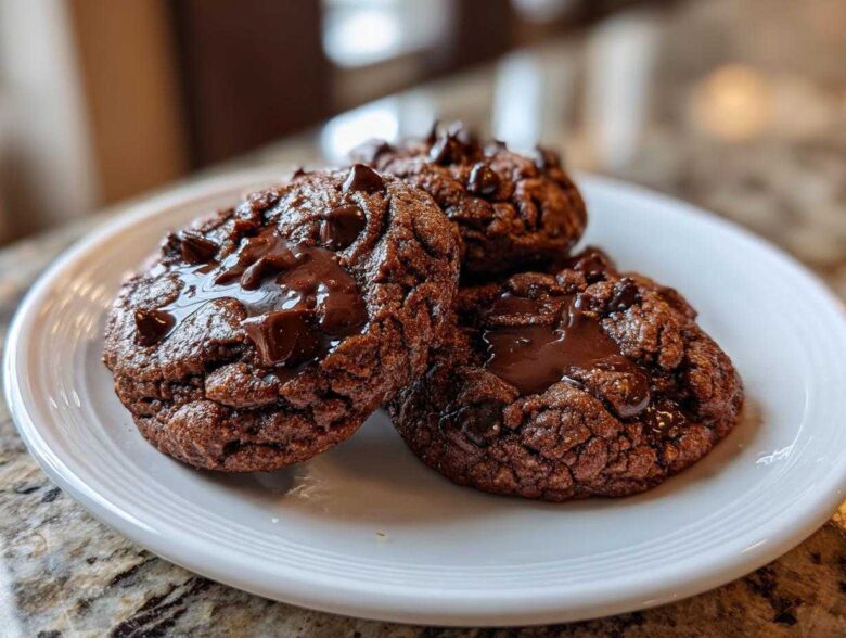 Three rich, dark chocolate pudding cookies with pools of melted chocolate chips on a white plate.