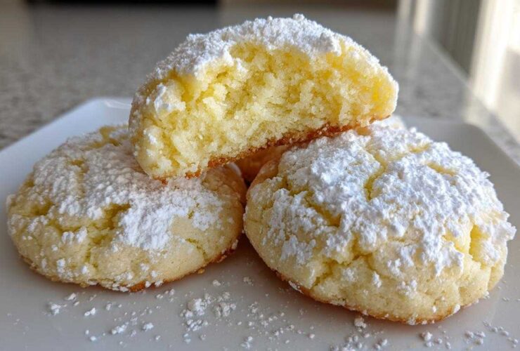 Close-up of soft, crinkle-topped lemon cookies dusted heavily with powdered sugar.