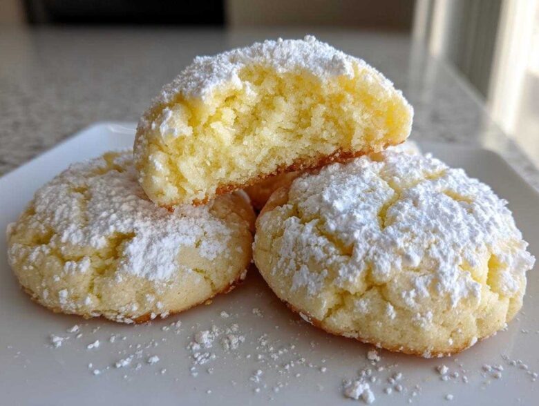 Close-up of soft, crinkle-topped lemon cookies dusted heavily with powdered sugar.