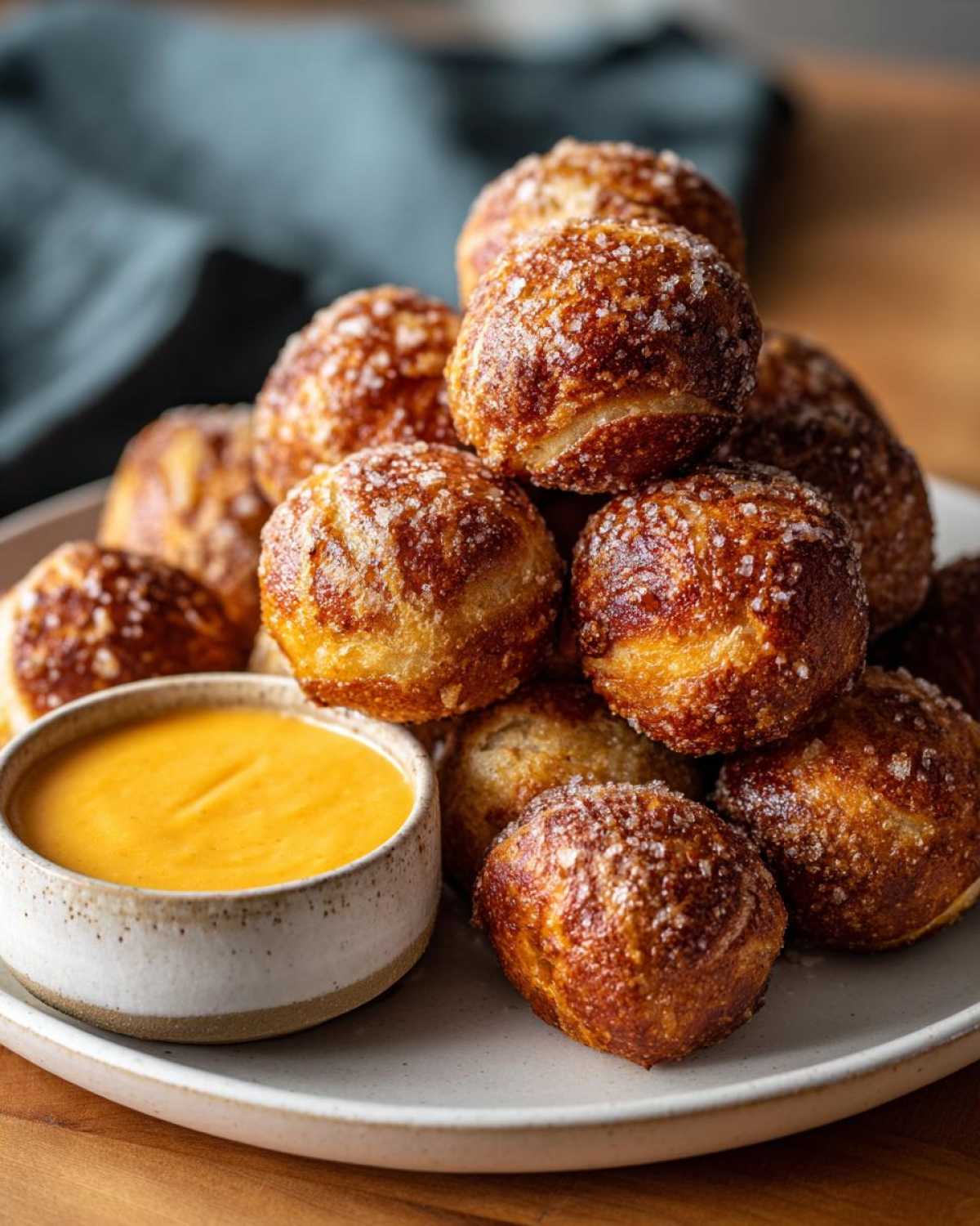 A close-up of warm, golden-brown soft pretzel bites sprinkled with salt next to a small bowl of cheese sauce.