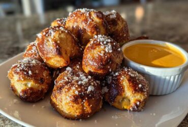 A pile of golden brown soft pretzel bites sprinkled with coarse salt, served next to a ramekin of cheese sauce.