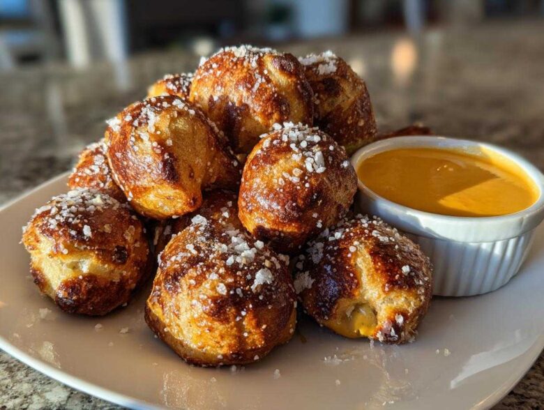 A pile of golden brown soft pretzel bites sprinkled with coarse salt, served next to a ramekin of cheese sauce.