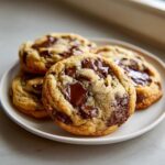 Close-up of four soft, thick chocolate chip pudding cookies stacked on a white plate.