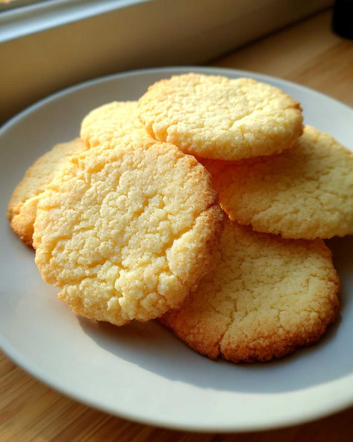 A close-up of several soft sugar cookies piled on a white plate, showing their slightly crinkled texture.