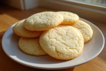 A stack of five soft sugar cookies with a slightly crackled top, resting on a white plate bathed in natural sunlight.