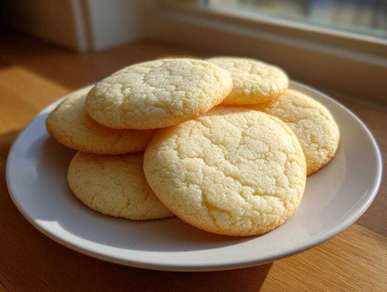 A stack of five soft sugar cookies with a slightly crackled top, resting on a white plate bathed in natural sunlight.