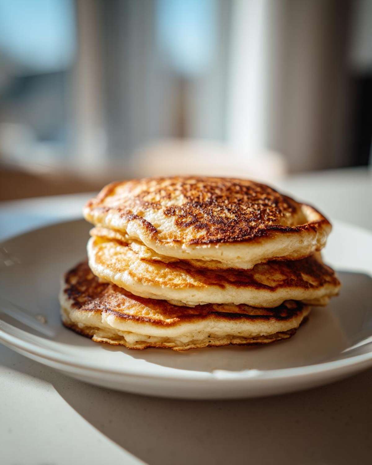 A close-up stack of three golden-brown banana oatmeal pancakes on a white plate.