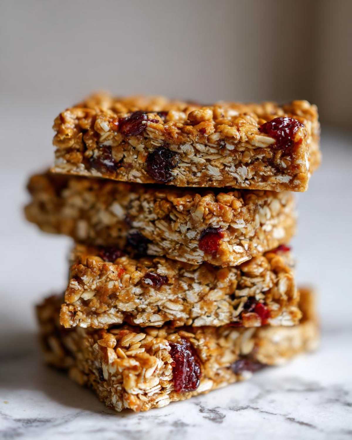 A close-up stack of four chewy homemade granola bars featuring oats and visible dried cranberries.