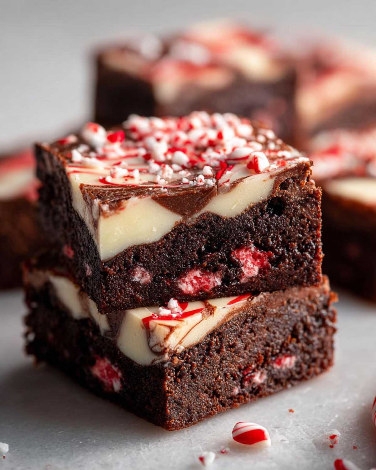 Two stacked, rich chocolate candy cane brownies topped with white chocolate and crushed peppermint.