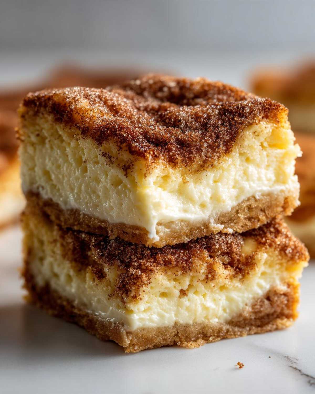 Two stacked squares of creamy churro cheesecake bars topped generously with cinnamon sugar.