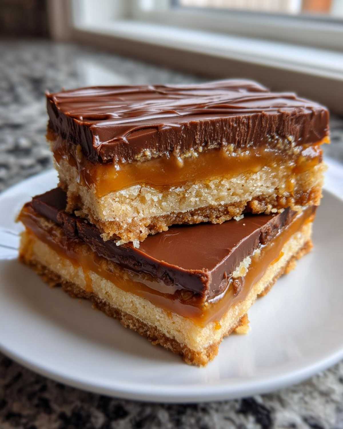 Two stacked homemade twix cookie bars showing a shortbread base, thick caramel layer, and rich chocolate topping.