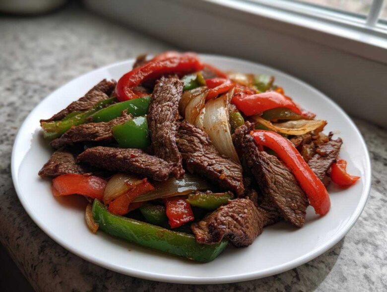 Close-up of sizzling steak fajitas featuring strips of seasoned beef, red and green bell peppers, and onions on a white plate.