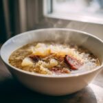 Close-up of a steaming white bowl filled with hearty sauerkraut soup, featuring chunks of sausage and potatoes.