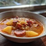 A close-up shot of a steaming white bowl filled with rich, orange-broth sauerkraut soup containing chunks of potato and slices of smoked sausage.