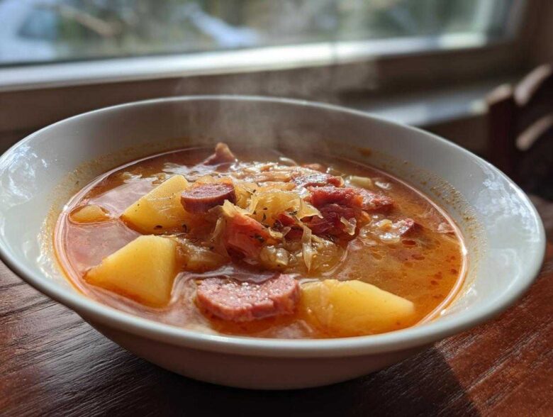 A close-up shot of a steaming white bowl filled with rich, orange-broth sauerkraut soup containing chunks of potato and slices of smoked sausage.