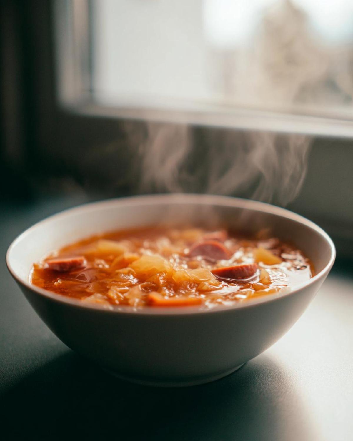 A steaming white bowl filled with hearty sauerkraut soup containing chunks of sausage, set near a bright window.