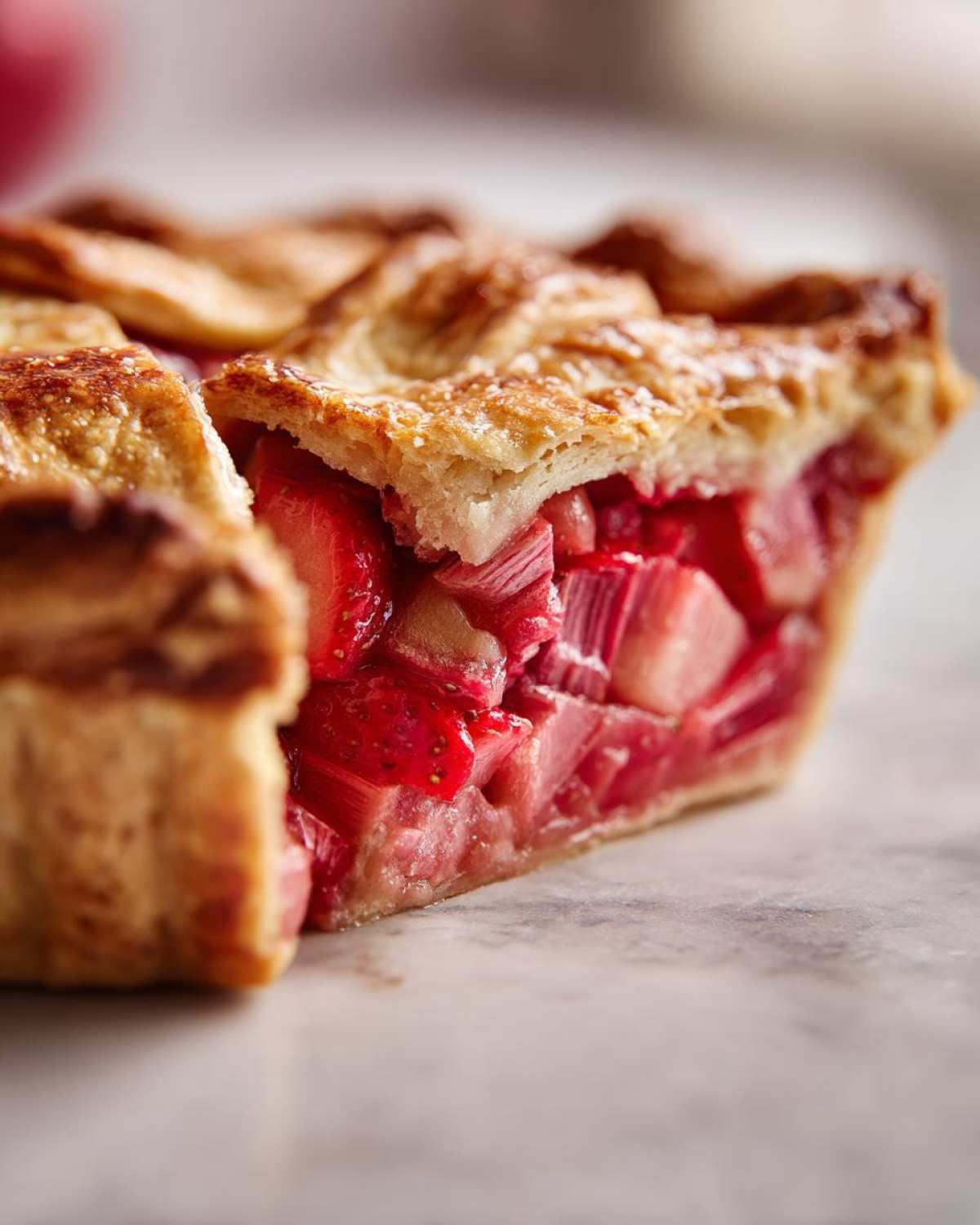 Close-up of a thick slice of strawberry rhubarb pie showing the bright red filling and golden lattice crust.