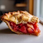 Close-up of a juicy slice of strawberry rhubarb pie showing the bright red filling and golden, sugared crust.