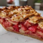Close-up of a thick slice of strawberry rhubarb pie showing juicy filling and golden lattice crust.