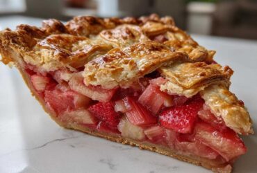 Close-up of a thick slice of strawberry rhubarb pie showing juicy filling and golden lattice crust.