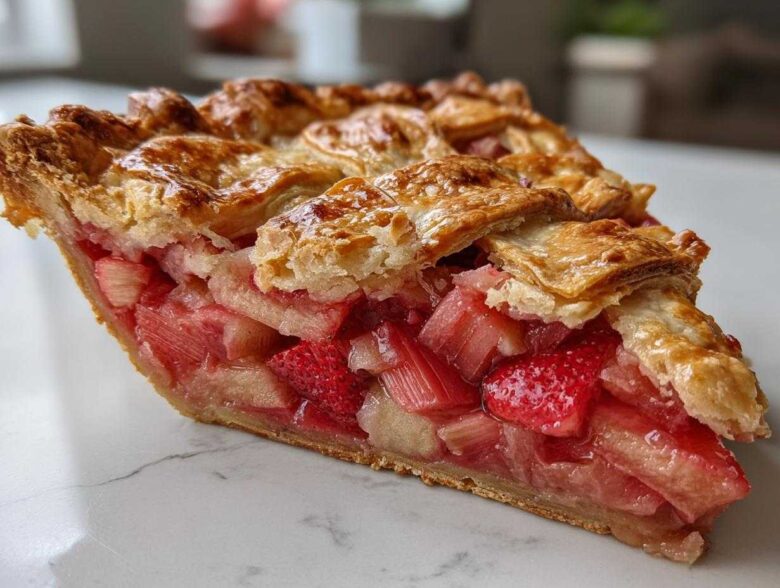 Close-up of a thick slice of strawberry rhubarb pie showing juicy filling and golden lattice crust.