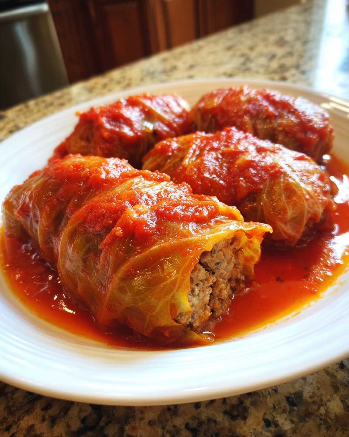 Four Stuffed Cabbage Rolls covered in rich tomato sauce served on a white plate.