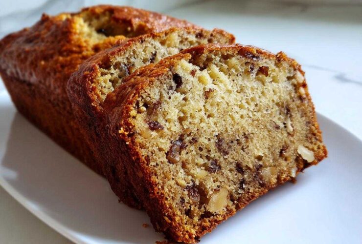 Close-up of two thick slices of moist sugar free banana bread featuring visible walnuts and a golden-brown crust.