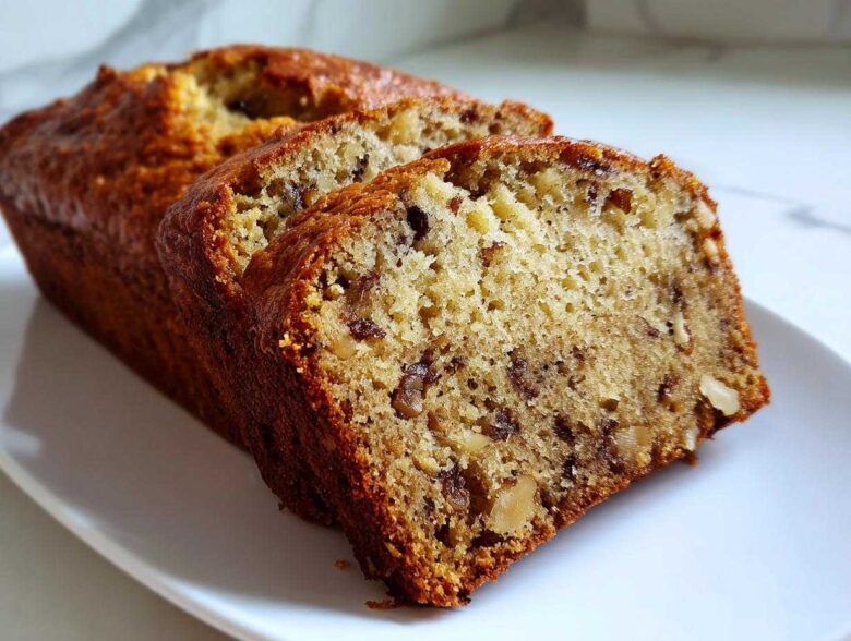 Close-up of two thick slices of moist sugar free banana bread featuring visible walnuts and a golden-brown crust.