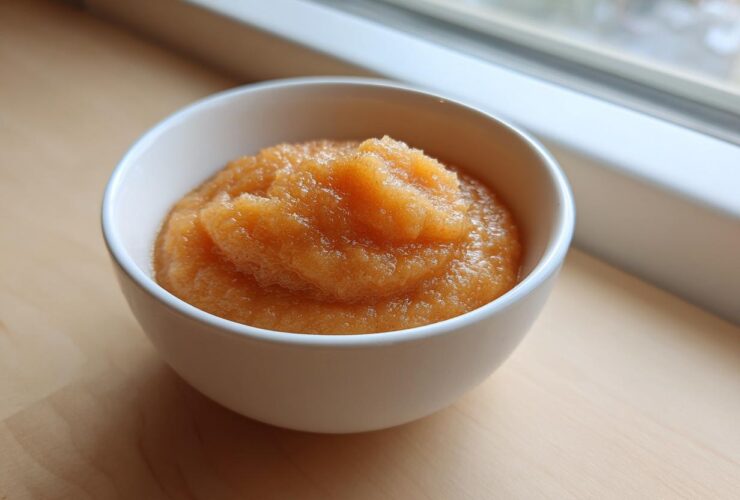 A close-up of homemade applesauce with a slightly chunky texture served in a small white bowl.