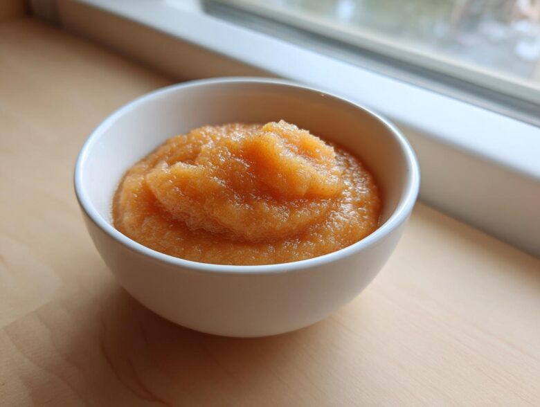A close-up of homemade applesauce with a slightly chunky texture served in a small white bowl.