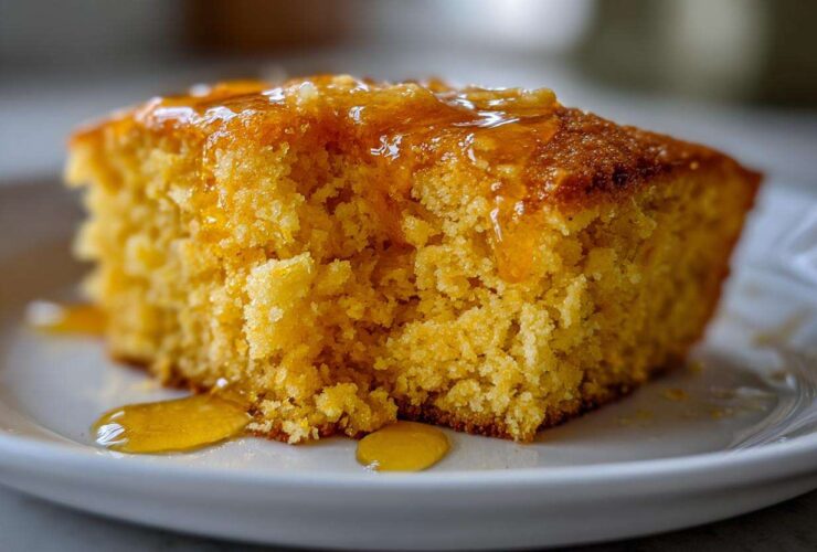 Close-up of a moist, golden slice of sweet potato cornbread topped with dripping honey on a white plate.