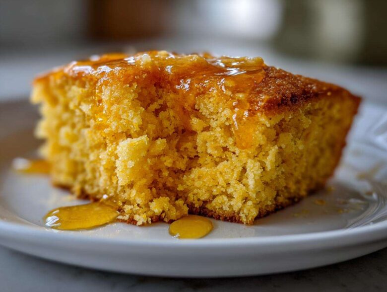Close-up of a moist, golden slice of sweet potato cornbread topped with dripping honey on a white plate.