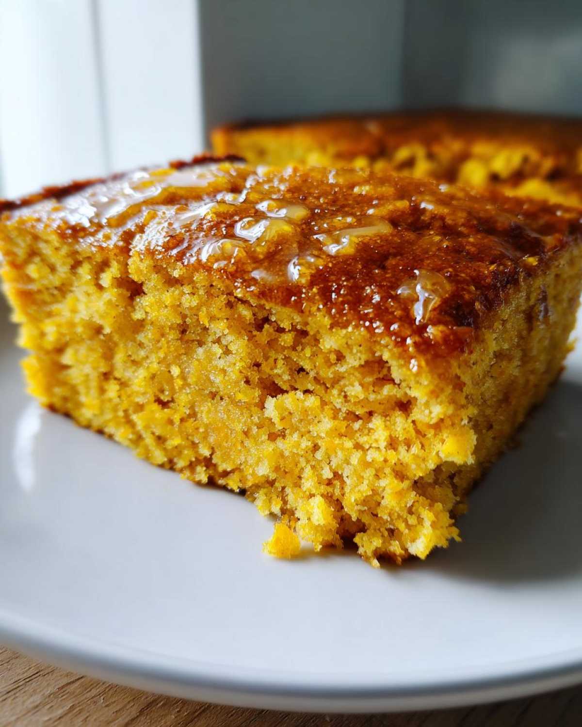 Close-up of a square slice of bright orange sweet potato cornbread topped with a shiny glaze.