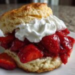 A delicious, tender shortcake split in half, filled with macerated strawberries and topped with a dollop of whipped cream.