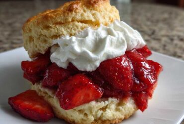 A delicious, tender shortcake split in half, filled with macerated strawberries and topped with a dollop of whipped cream.