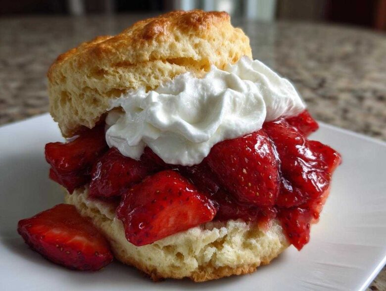 A delicious, tender shortcake split in half, filled with macerated strawberries and topped with a dollop of whipped cream.
