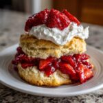 A delicious, layered strawberry shortcake featuring a biscuit, macerated strawberries, and whipped cream on a white plate.