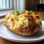 A close-up of a delicious twice baked potato stuffed with creamy filling, melted cheddar cheese, bacon bits, and green onions.