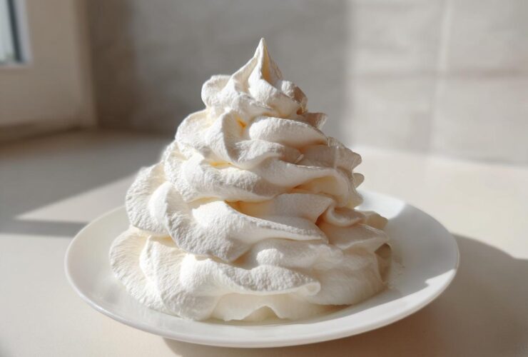 A tall, perfectly piped swirl of creamy white vanilla buttercream frosting sitting on a small white plate.
