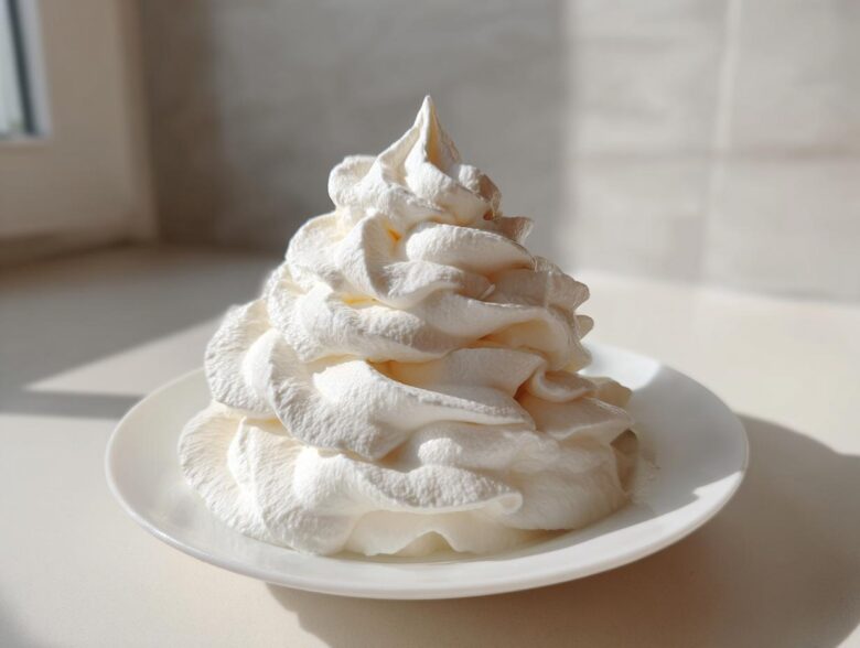 A tall, perfectly piped swirl of creamy white vanilla buttercream frosting sitting on a small white plate.