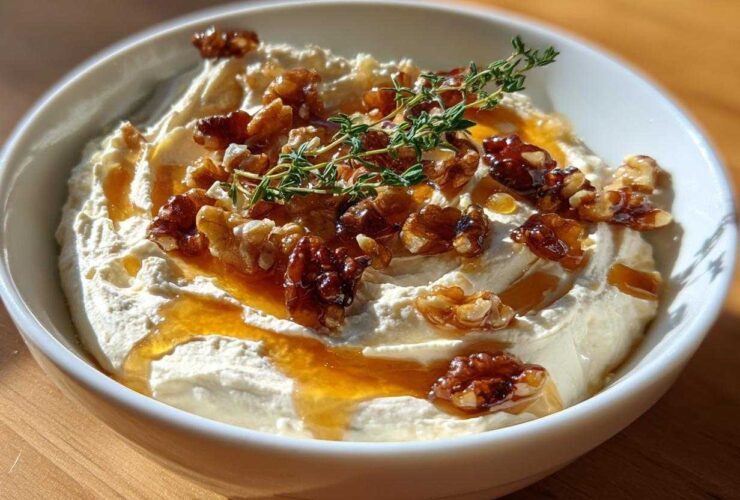 Close-up of a creamy whipped ricotta dip with hot honey, candied walnuts, and a sprig of thyme.