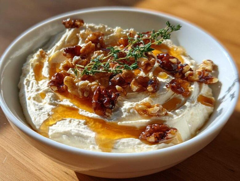 Close-up of a creamy whipped ricotta dip with hot honey, candied walnuts, and a sprig of thyme.