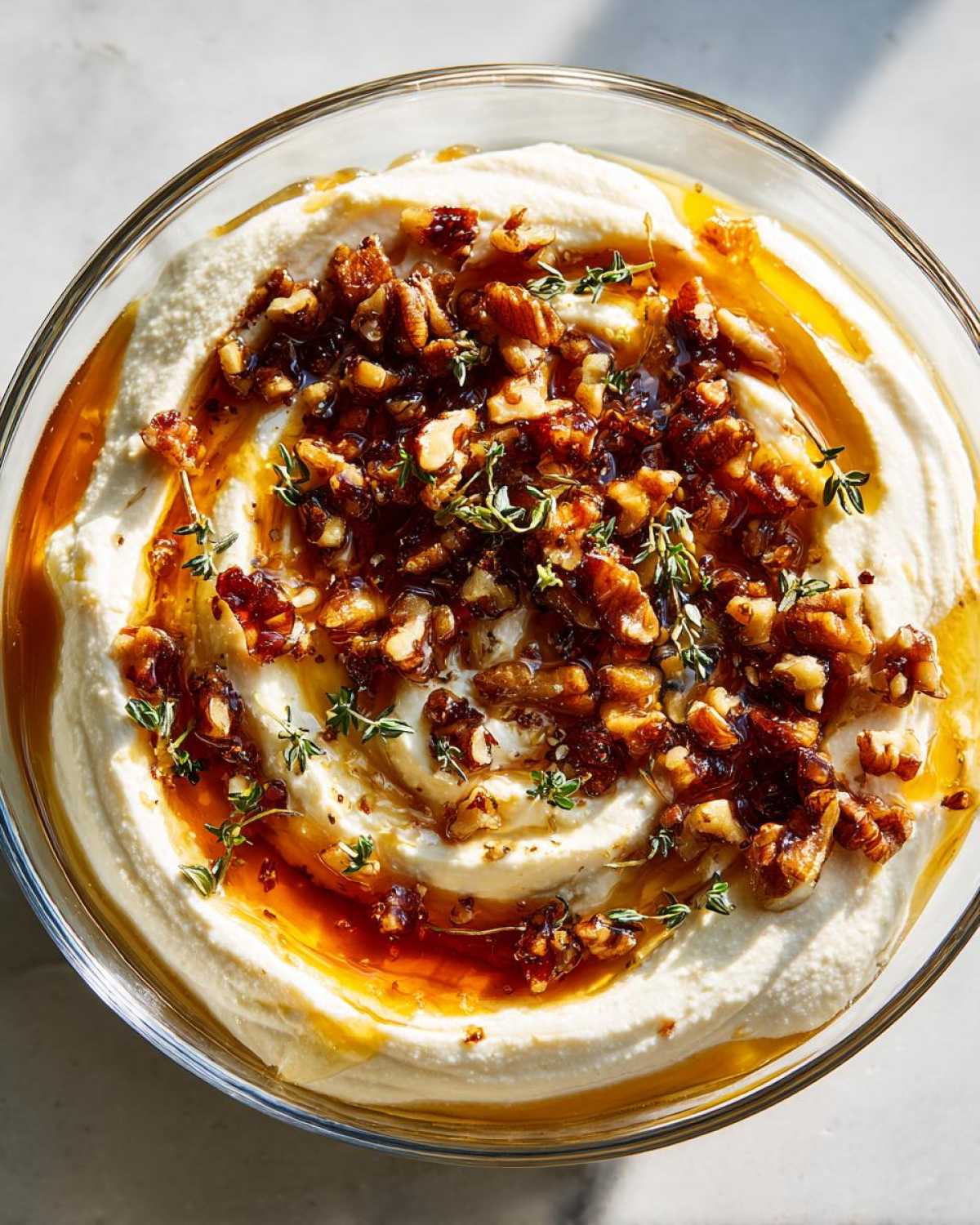 Overhead view of a creamy whipped ricotta dip with hot honey, toasted walnuts, and fresh thyme garnish.