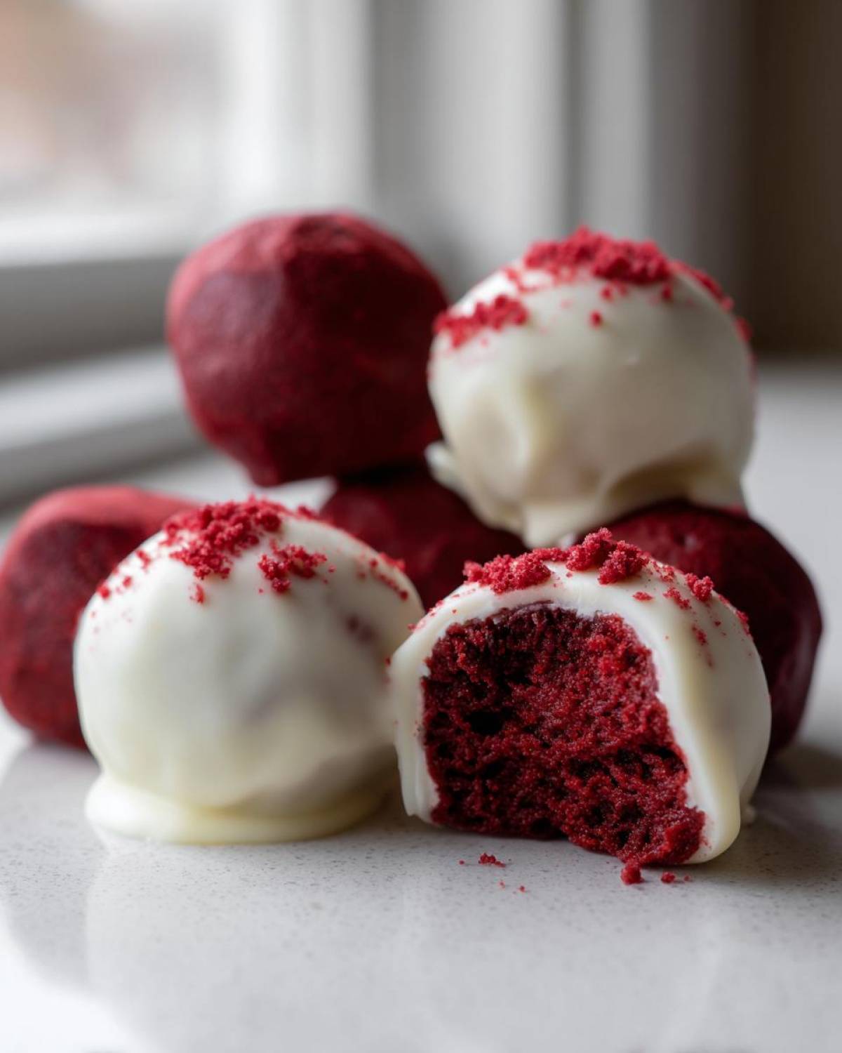 Close-up of white chocolate dipped red velvet cake balls, one cut open to show the moist red interior.