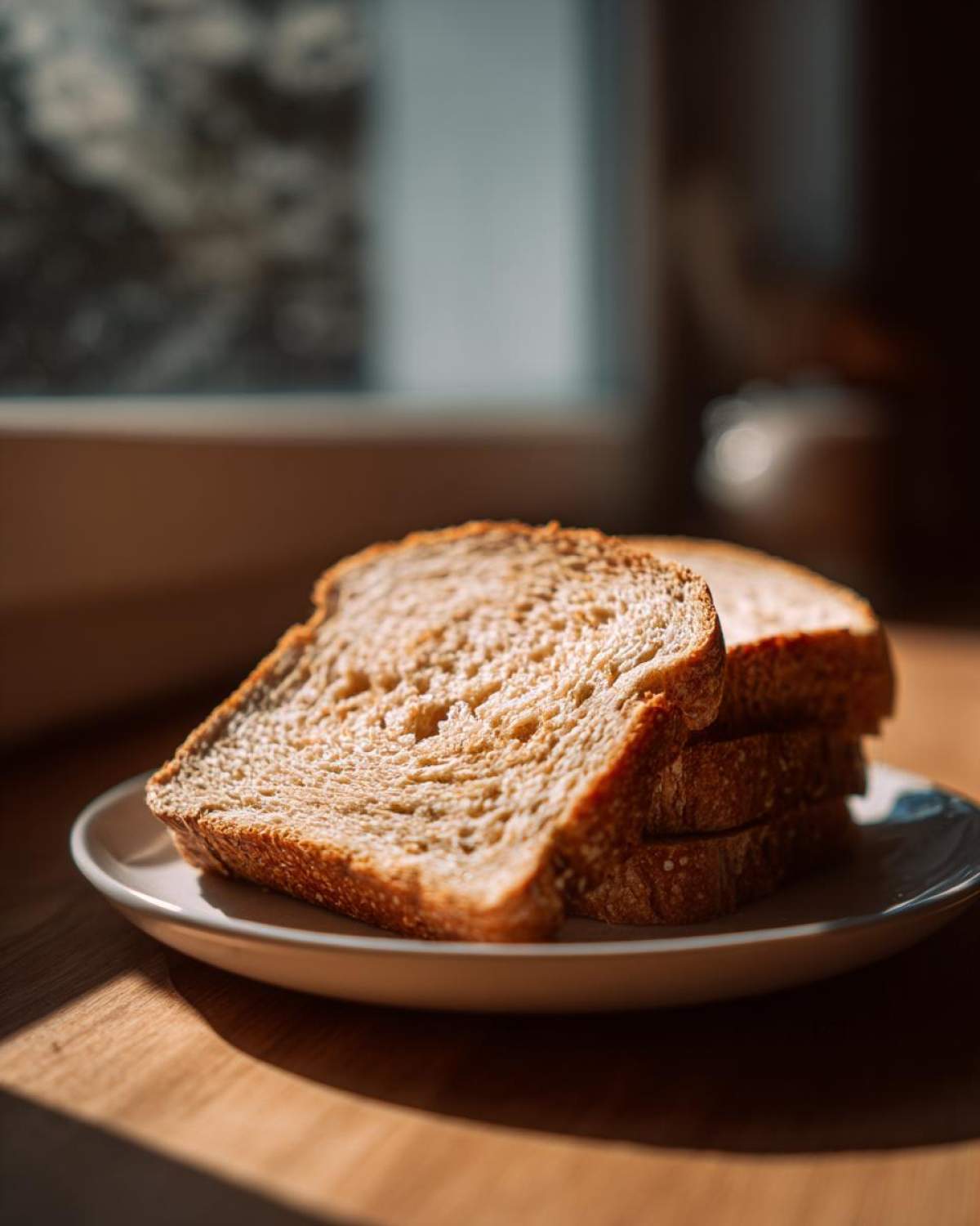 Three slices of homemade whole wheat bread stacked on a small white plate, bathed in natural sunlight.